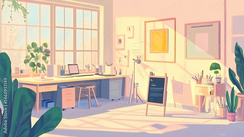 Fototapeta premium Pastel-toned interior of a sunlit art .