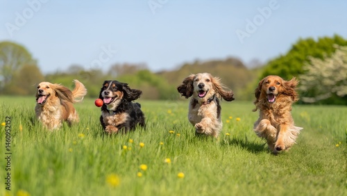 Adorable Cocker Spaniel dogs sprinting through scenic grassy field with trees in background. couple de cockers près de l'eau


