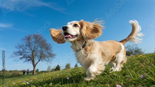 Adorable Cocker Spaniel dogs sprinting through scenic grassy field with trees in background. couple de cockers près de l'eau


