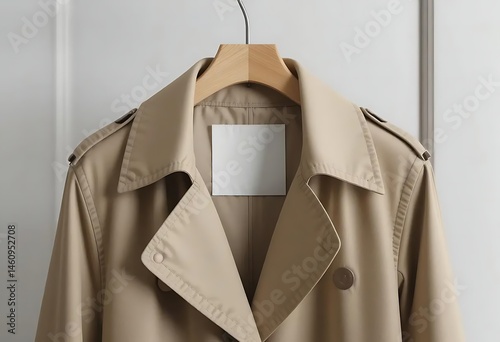 Trench Coat Hanging on Wooden Hanger Beige Outerwear Apparel