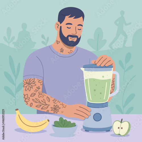 Tattooed Man Mixes Healthy Smoothie Minimalist Illustration of New Masculinity with a Generative AI Touch