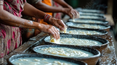 Hands meticulously working with milk products