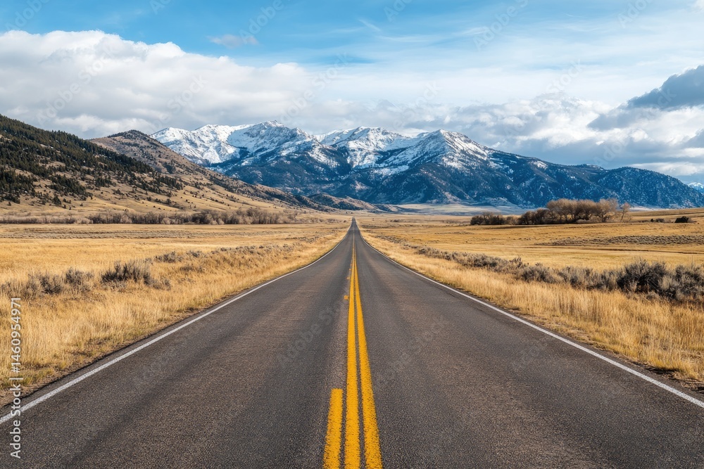 Fototapeta premium Empty road leading to snow-capped mountains