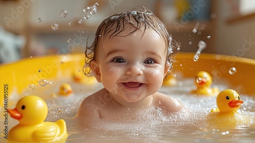 Happy baby enjoying a bath