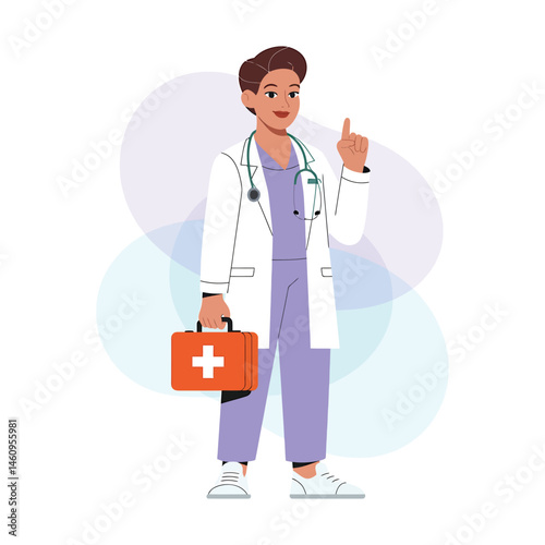 Confident female doctor with first aid kit, ready to assist Vector
