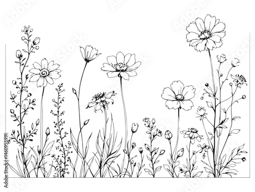 Botanical Wildflower Border Line Art for Creative Designs