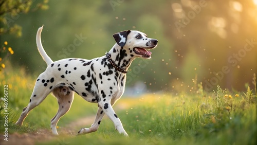 Beautiful spotted Dalmatian dog in motion during sunset outdoors scenic nature with warm glowing light. Group of dalmatian puppies in line, one in centre panting
