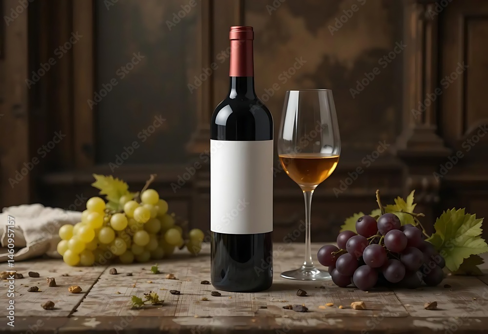 Obraz premium Wine Bottle with Glass and Grapes Still Life on Rustic Table