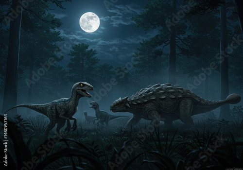 Fototapeta Naklejka Na Ścianę i Meble -  dinosaurs in the woods at night.