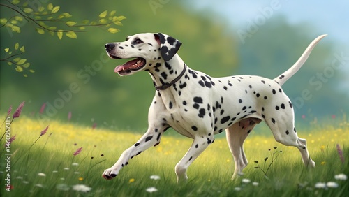 Beautiful spotted Dalmatian dog in motion during sunset outdoors scenic nature with warm glowing light. Group of dalmatian puppies in line, one in centre panting

