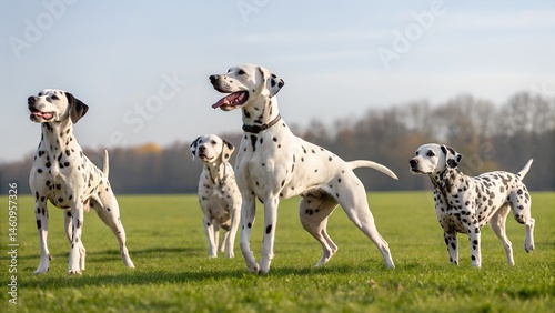 Beautiful spotted Dalmatian dog in motion during sunset outdoors scenic nature with warm glowing light. Group of dalmatian puppies in line, one in centre panting
