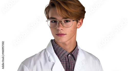 Youth in lab coat wearing eyeglasses, looking forward, cut out transparent