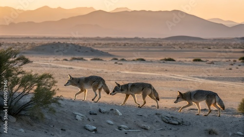 High-resolution image of alert coyote watching sunset over rugged terrain, ideal for nature enthusiasts. Courting coyote pair snowy Yellowstone National Park Wyoming



