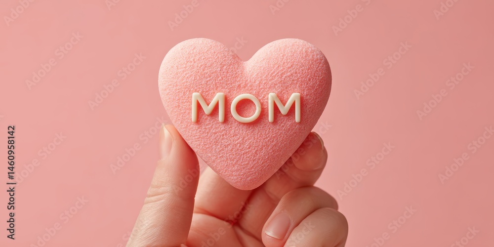 Fototapeta premium Heartshaped Mom object held in hand on pink background