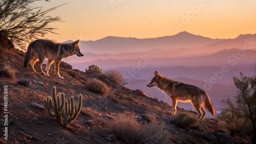 High-resolution image of alert coyote watching sunset over rugged terrain, ideal for nature enthusiasts. Courting coyote pair snowy Yellowstone National Park Wyoming


