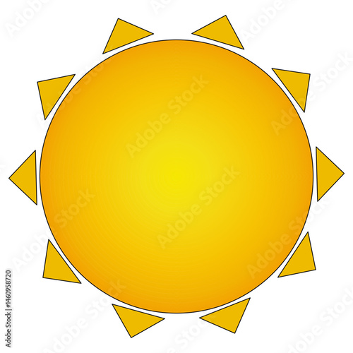 Illustration of bright warm summer sun with triangle shaped rays on isolated white background. Orange ray. Element of the elements. Ideal for summertime, seasonal, weather, beach, and outdoor designs.