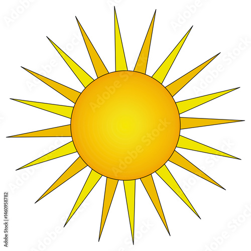 Vector illustration of cartoon warm summer sun with golden rays in the shape of pointed elongated triangles. Yellow ray. Ideal for summertime, seasonal, weather, beach, vacations, and outdoor designs.
