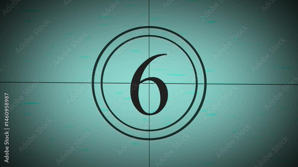 Vintage, old, projected film head leader with realtime countdown clock. Worn and damaged in style including marks, scratches and film grain to add a vintage look to your video