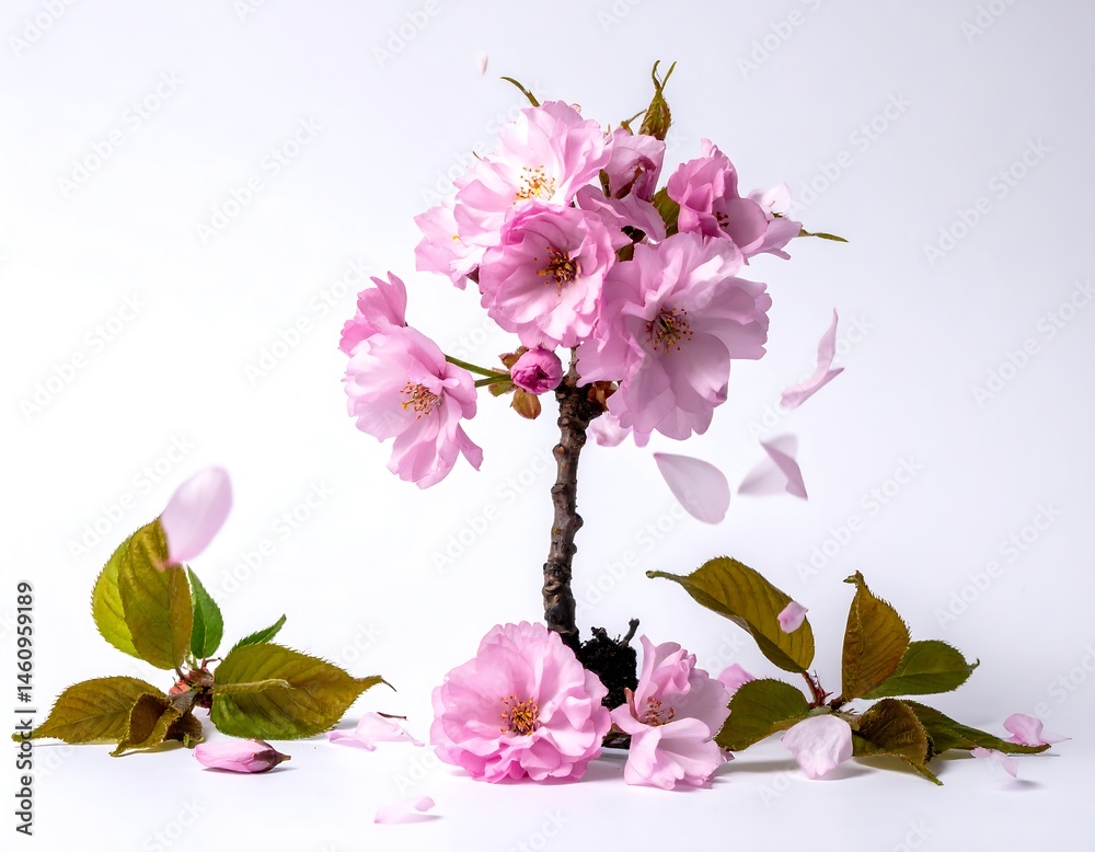 Obraz premium Delicate Pink Cherry Blossoms Falling on White Background
