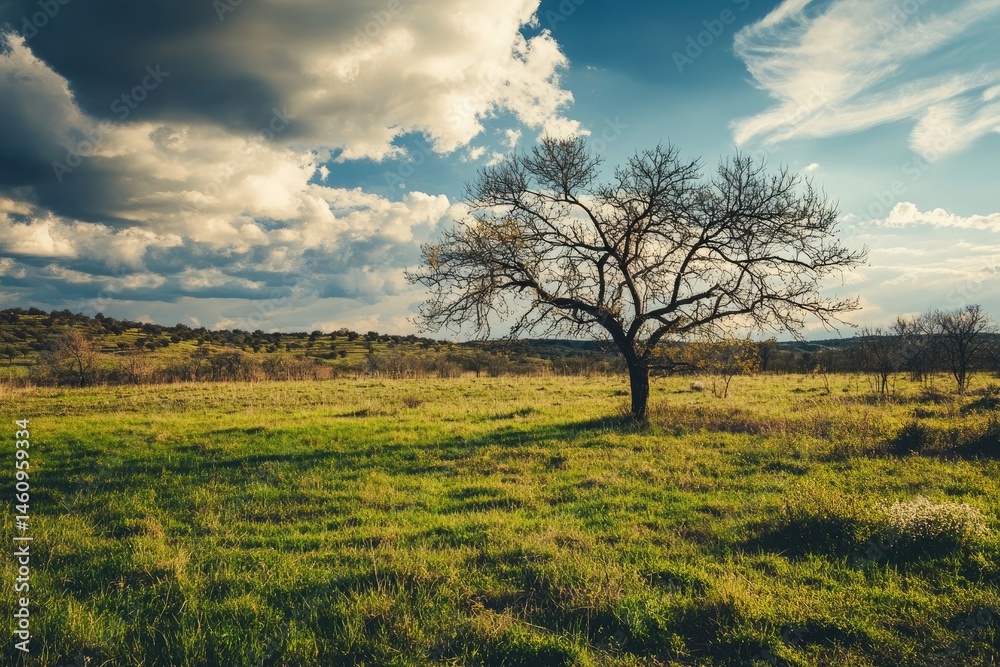 Fototapeta premium Lonely tree on a grassy field under a cloudy sky