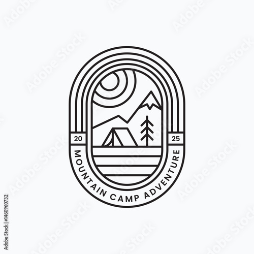 Minimalist line art mountain camp adventure logo vector illustration design. Simple outdoor, travel, and adventure logo concept.