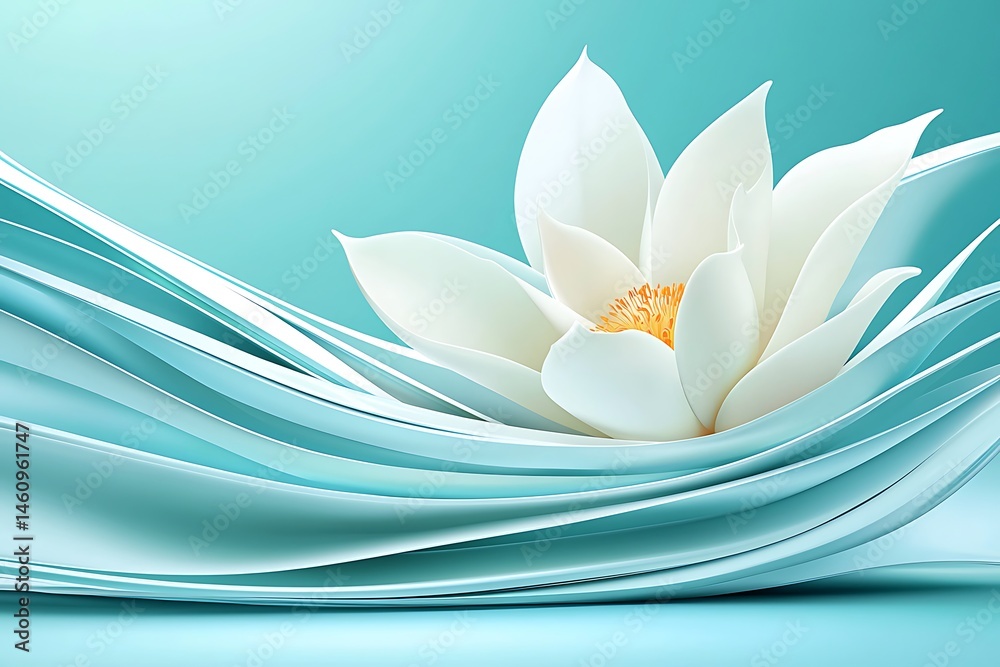 Fototapeta premium Delicate white flower on teal background with flowing fabric