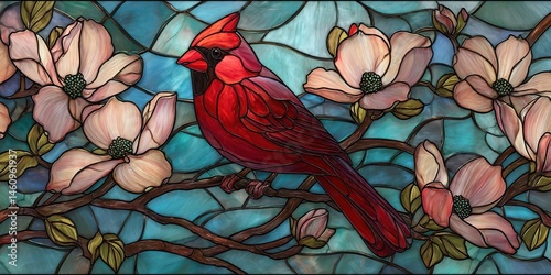 Colorful cardinal amidst magnolia blossoms in stained glass art.