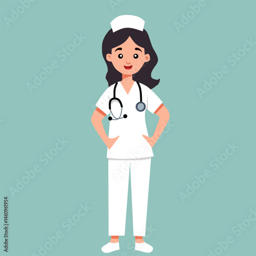 illustration of a smiling female nurse wearing a white uniform, nurse cap, and stethoscope, standing with hands on hips on a green background. Cute cartoon medical staff character