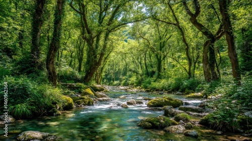 A serene forest stream flows beneath a lush green canopy, surrounded by mossy rocks and dense trees in natural daylight.
