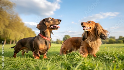 Delightful Dachshund Duo: Two cheerful Dachshunds, a short-haired and long-haired, stand proudly in a sunny meadow, their alert eyes and playful stance a testament to the joy of companionship.