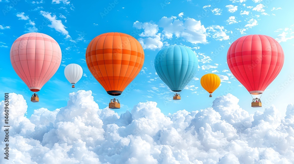 Naklejka premium Colorful balloon voyage through a cloudy sky