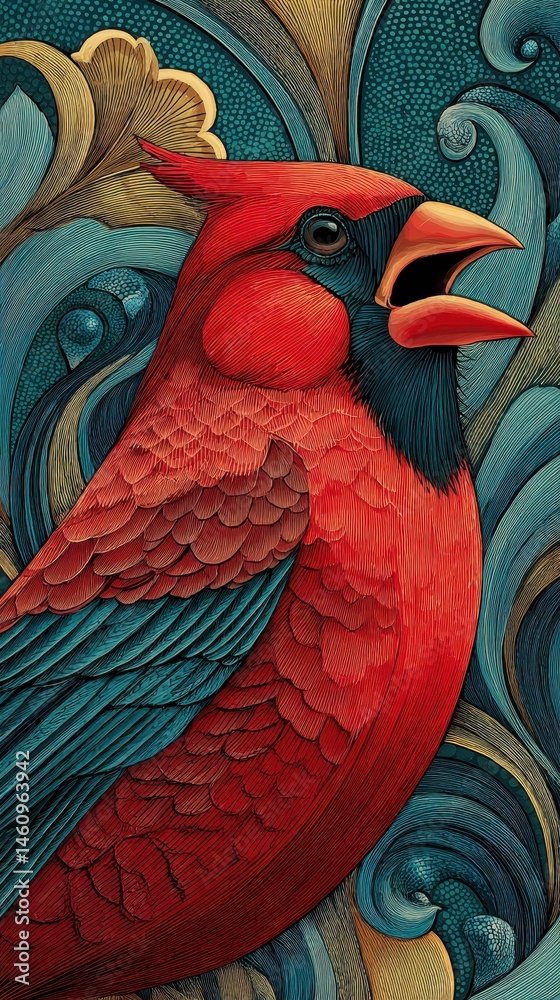 Fototapeta premium Detailed illustration of a cardinal with an open beak.