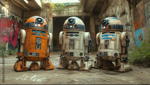 Three robots urban decay backdrop.