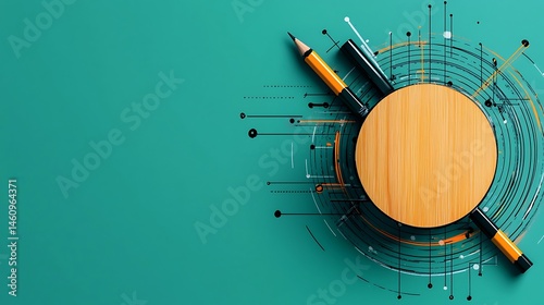 Circular wooden object, pencils, and tech graphic on teal background