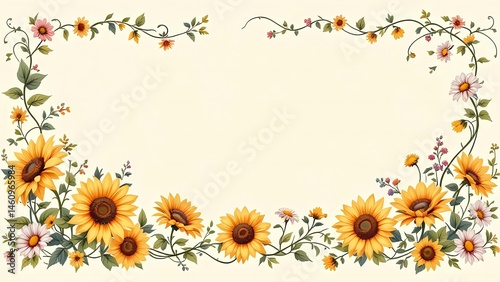 Floral frame with sunflowers and daisies on cream background