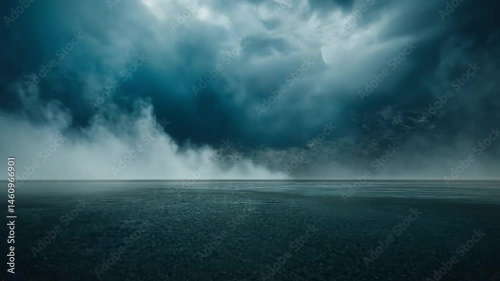 Dramatic landscape with dark, moody sky, swirling clouds, and mist over reflective surface, creating atmospheric scenery that evokes natures mystery and calm. Dramatic landscape with dark, moody sky, swirling clouds, and mist over reflective surface, creating atmospheric scenery that evokes natures mystery and calm.