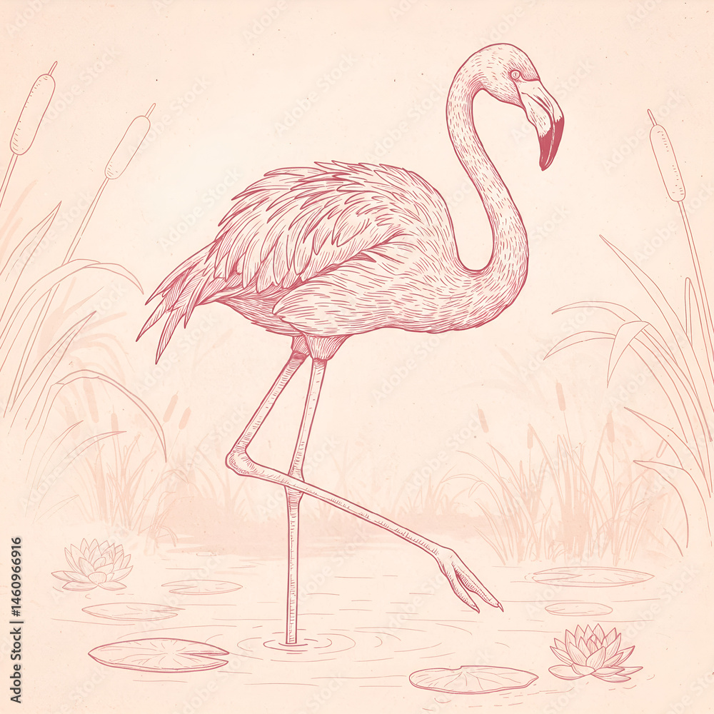 Fototapeta premium Flamingo Wading in Wetlands Illustration | Generated AI