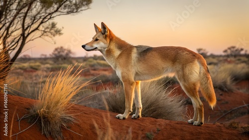 Playful golden retriever dogs bonding and enjoying nature in a vibrant outdoor landscape setting. Dingo bitch camps with two puppies under fern
