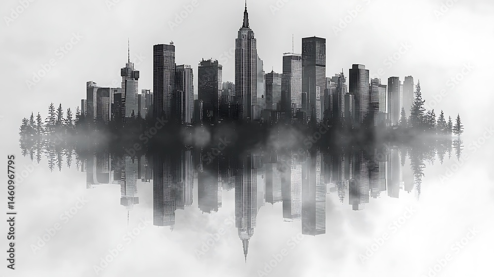 Naklejka premium Misty city mirrored ethereal cityscape reflection