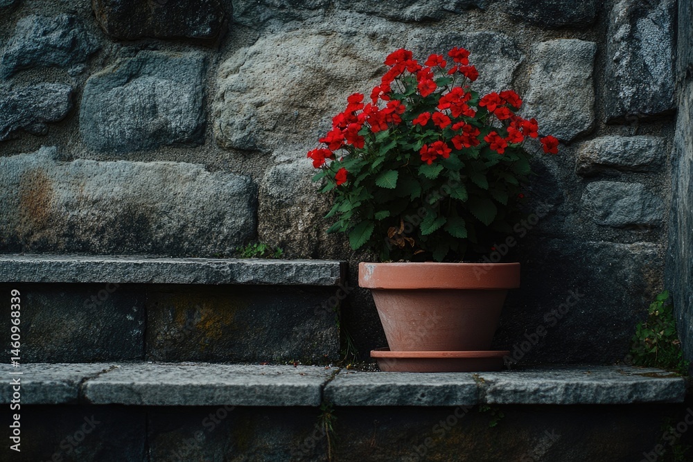 Naklejka premium Red geraniums on stone steps