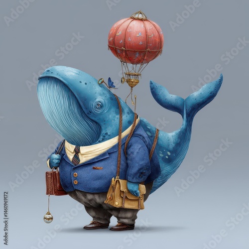 A whimsical whale in a suit, carrying a hot air balloon.