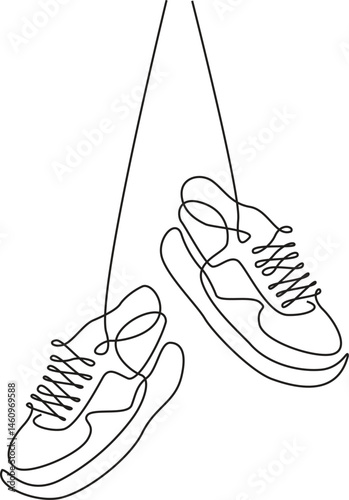 Continuous one line drawing of shoes hanging on the wall. Fashionable and casual sneakers line art drawing vector design.