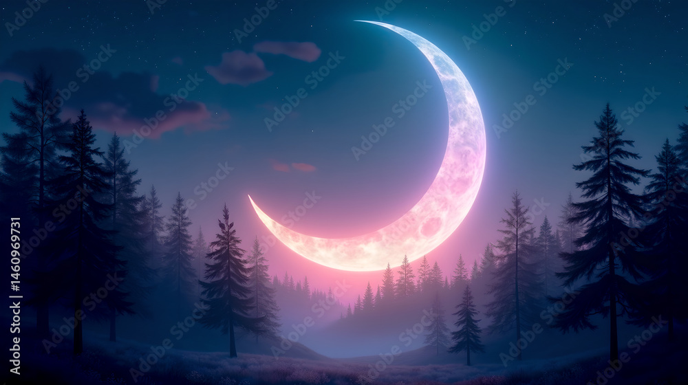 Fototapeta premium A glowing crescent moon hovering above a misty forest 