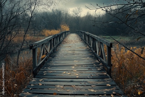 Rustic wooden bridge in a dreary autumnal landscape