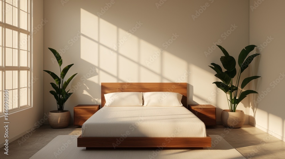 Fototapeta premium Bright and Minimalist Bedroom Design with Wooden Furniture and Potted Plants in Contemporary Style
