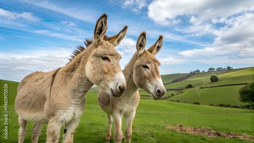 Beautiful donkey grazing in lush green meadow under clear sky, premium quality rural wildlife phot. Cute baby donkey and mother on floral meadow
