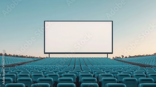 Large outdoor cinema screen set against a clear blue sky and empty rows of turquoise seats awaiting guests