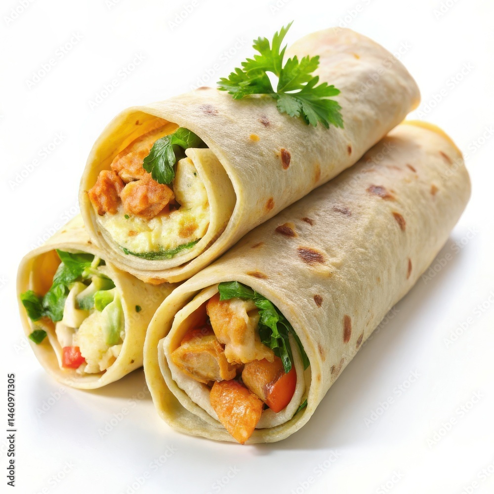 Delicious and freshly prepared breakfast or lunch wraps filled with assorted ingredients. Delicious and freshly prepared breakfast or lunch wraps filled with assorted ingredients.