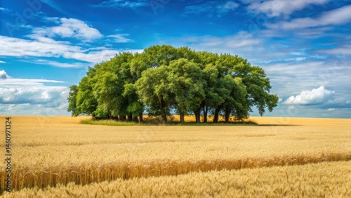 Dense foliage of trees in a wheat field offering shelter from wind and defining the agricultural land boundaries