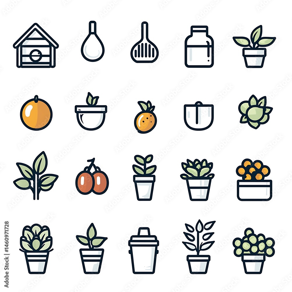 Whimsical icons of gardening tools plants and fruit